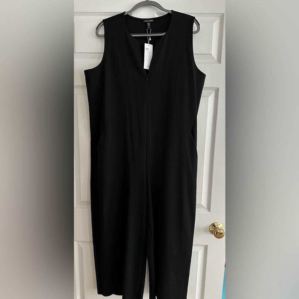 Eileen Fisher XL Black Cotton Cropped Wideleg Jumpsuit